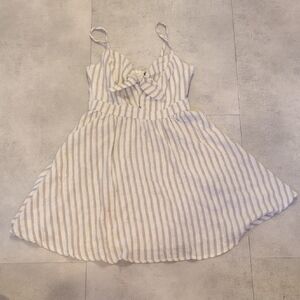 &Merci Brand Striped Tie-Front Mini Dress in Beige and White